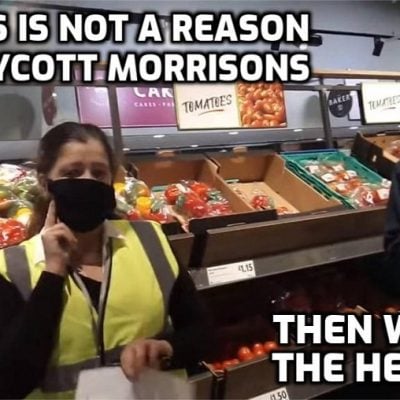 Face-nappy Yellowshirt called by Morrisons face-nappy staff when mask-exempt customer refuses to wear a yellow sticker (Wasn't there a yellow badge that Jews had to wear in Nazi Germany? I do believe there was)