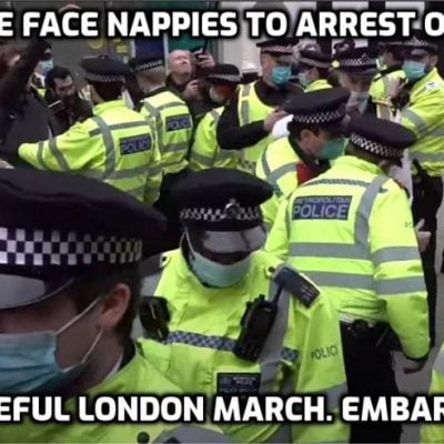 Fantastic London lockdown march grotesquely misrepresented here as 'protestors clash with police' - No - the face-nappies clashed with peaceful protestors in a crowd so large the face nappies could not have stopped it if they tried