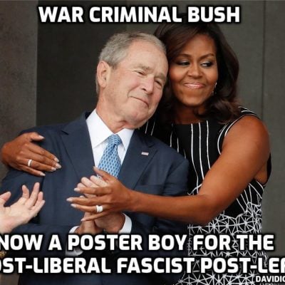 Fascist war criminal and full-time idiot Boy Bush is now the darling of the fake 'liberal' fake 'left' for comparing 9/11 in which 3,000 people died with January 6th when one person died - shot by a brain-dead 'cop'