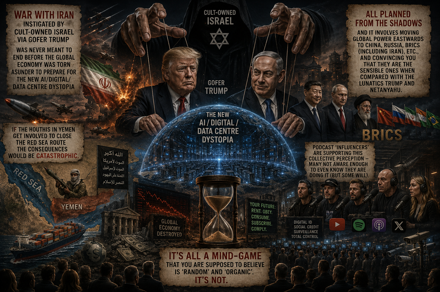 Are we getting it yet? The Cult-triggered war with Iran instigated by Cult-owned Israel via gofer Trump was never meant to end before the global economy was torn asunder to prepare for the new AI/digital/data centre dystopia If the Houthis in Yemen get involved to close the Red Sea route the consequences would be catastrophic. All planned from the shadows and it involves moving global power eastwards to China, Russia, BRICS (including Iran), etc., and convincing you that they are the sensible ones when compared with the lunatics Trump and Netanyahu. Podcast ‘influencers’ are supporting this collective perception – many not aware enough to even know they are doing it (but some will). It’s all a mind-game that you are supposed to believe is ‘random’ and ‘organic’. It’s not.