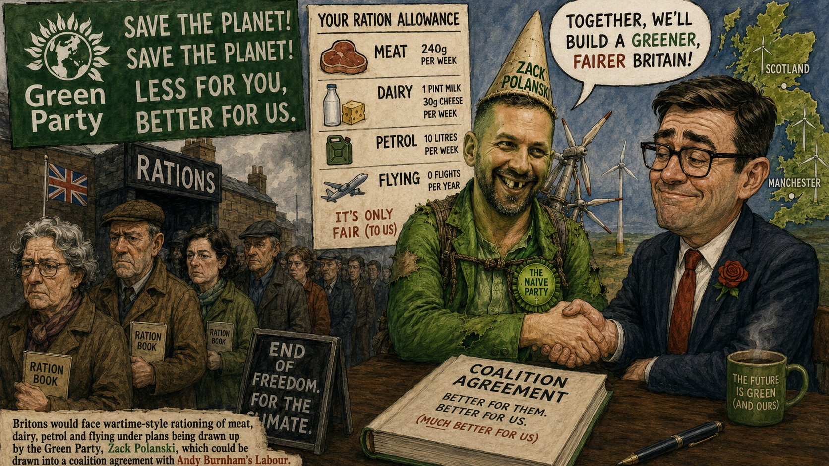 Britons would face wartime-style rationing of meat, dairy, petrol and flights under new Green Party plans – and they could end up in coalition with Burnham’s Labour