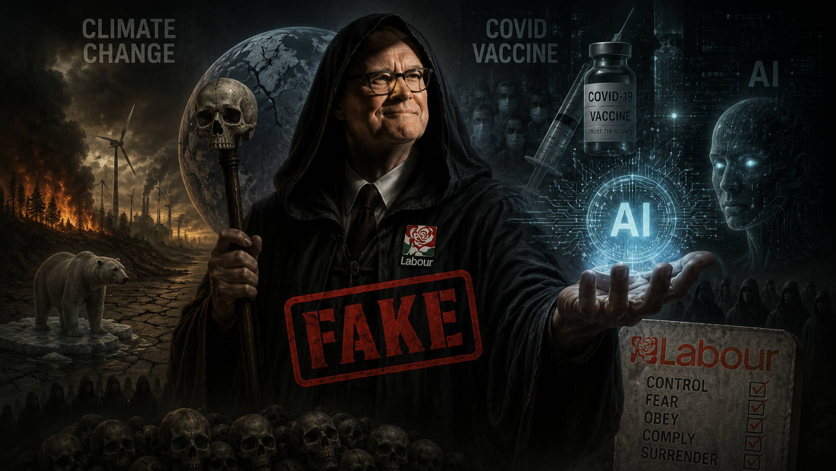 Three major Global Cult agendas to secure total human control are: The human-caused climate change hoax; the ‘Covid’ hoax and fake vaccine; and AI control of society. (Sith Lord) Patrick Vallance has been at the centre of all three in the UK with his appointment by Burnham to chair the ‘new taskforce’ driving the government’s ‘overall strategy’ (Cult stategy) on AI. This is Burnham’s ‘change’.