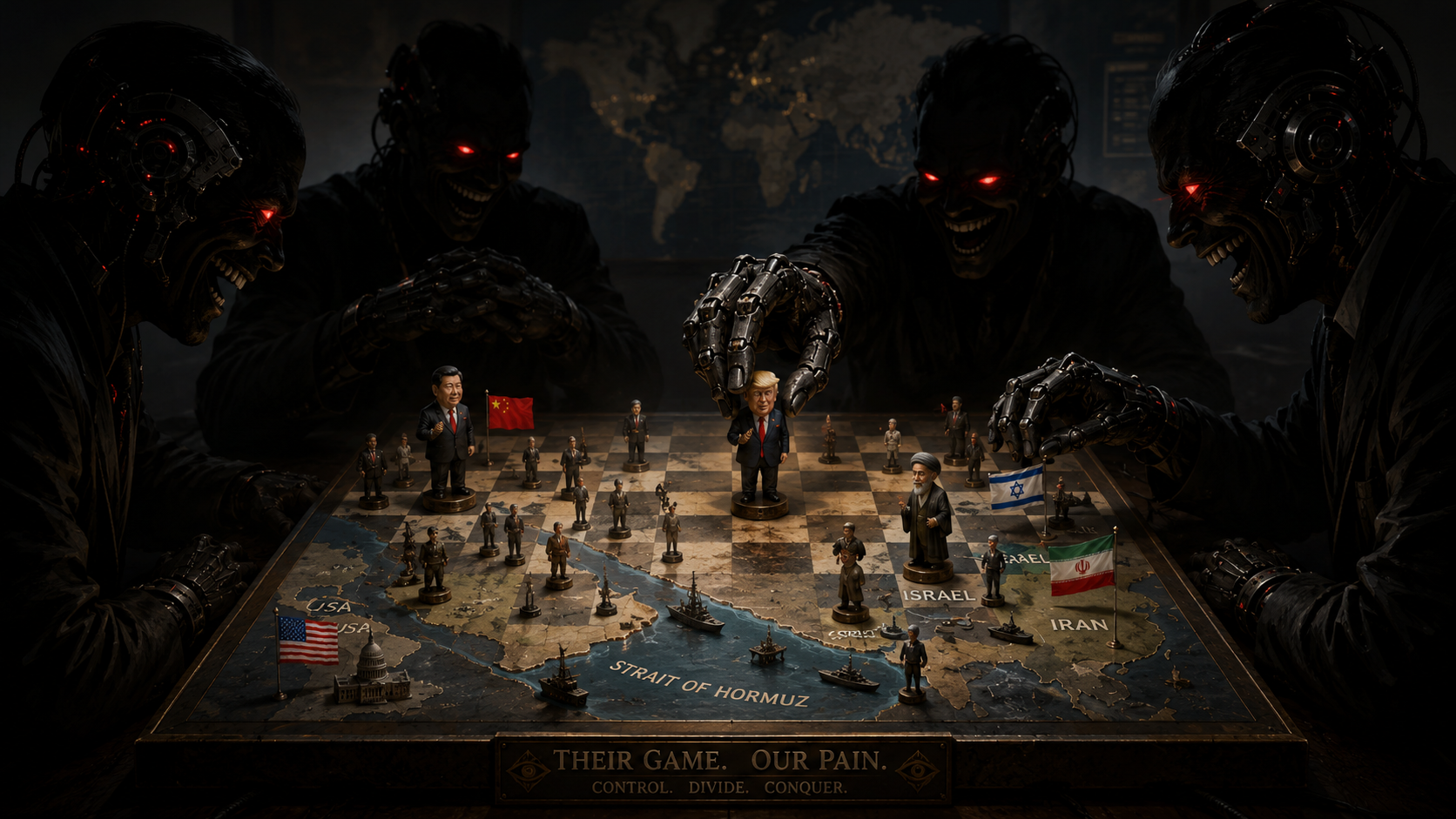 The puppets squabble while the Global Cult inner circle guffaws into its gin and tonics. ‘It’s all going according to plan’, they laugh. ‘They still think the puppets are running the show – so funny.’